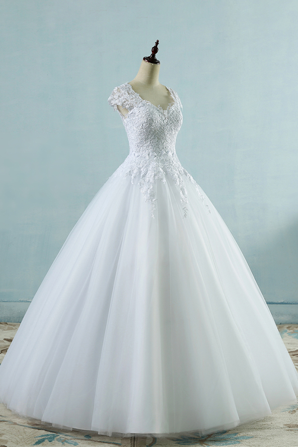 Appliques Cap Sleeve Tulle A-line Wedding Dress