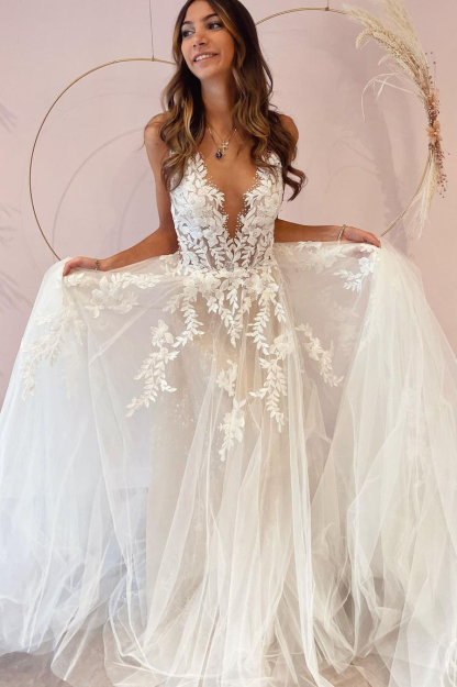 A-Line Deep V-neck Appliques Lace Tulle Backless Floor-length Wedding Dress