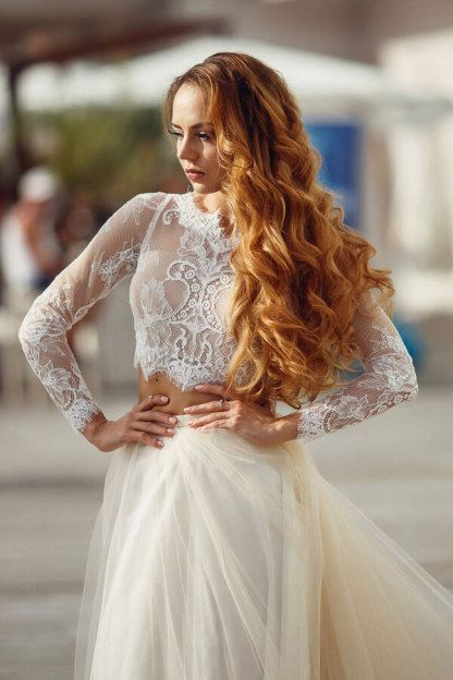 Long Sleeve A-line Lace Tulle Two Piece Wedding Dress