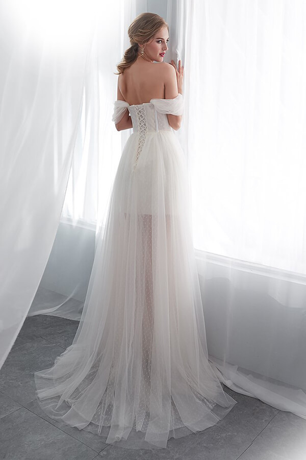 Long Sweetheart Lace-up Tulle Off the Shoulder A-line Wedding Dress