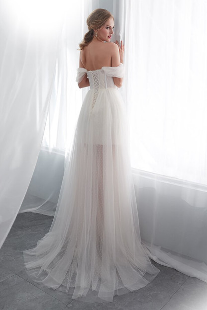 Long Sweetheart Lace-up Tulle Off the Shoulder A-line Wedding Dress