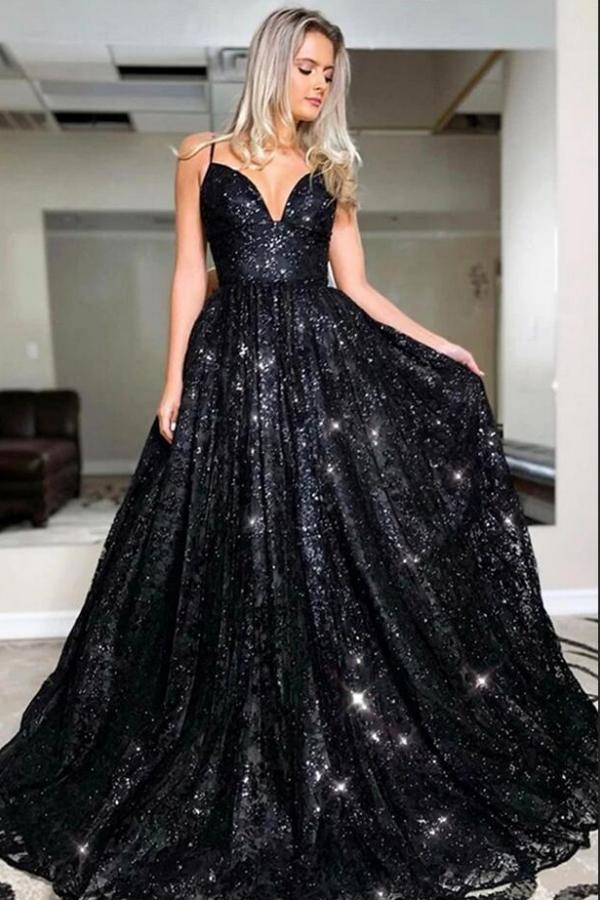 Black Long A-line Spaghetti Straps Open Back Glitter Prom Dress