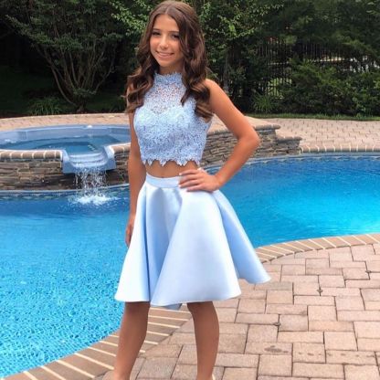 Cute Two Pieces A-line Halter Satin Lace Homecoming Dresses - CoCosBride