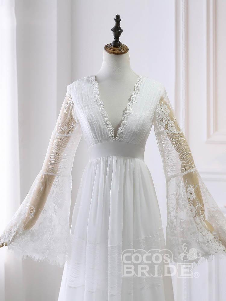 Elegant Long Sleeves A-line V-Neck Tulle Wedding Dresses