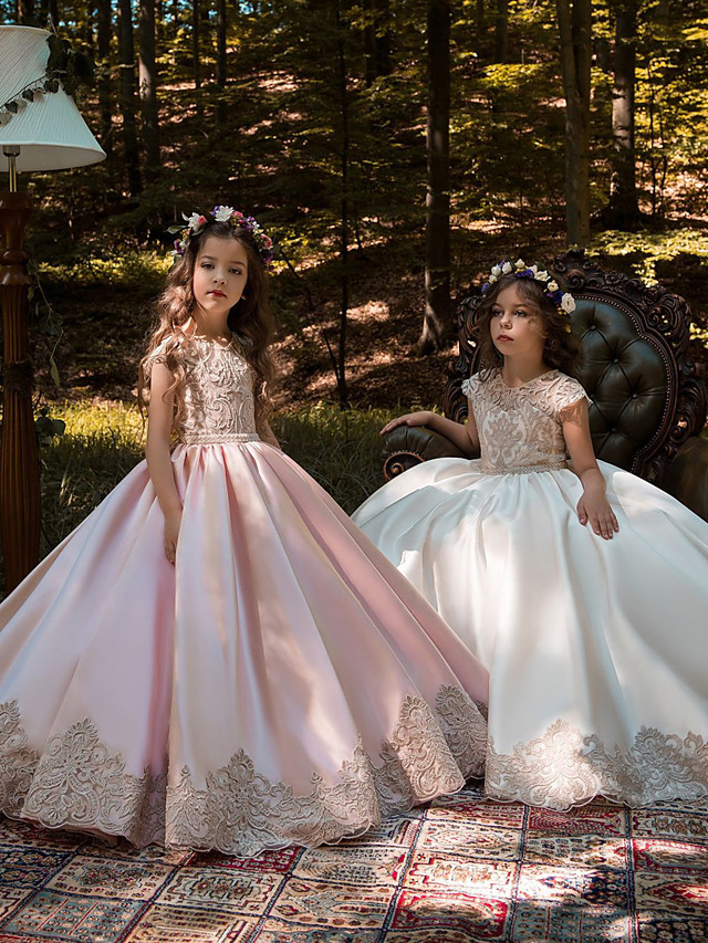 Ball Gown Long Satin Jewel Neck Flower Girl Dresses wiith Cap Sleeve