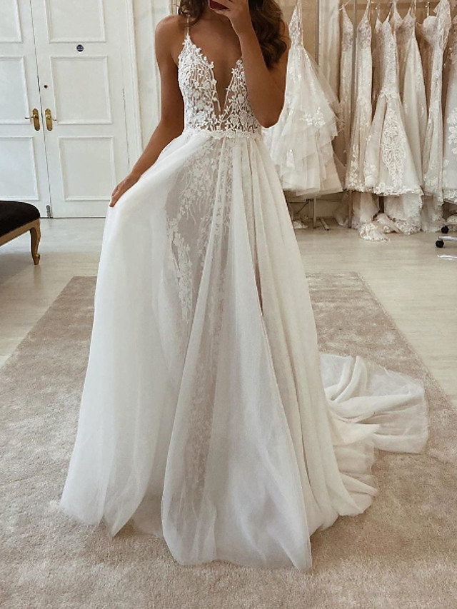 Long A-line V-neck Spaghetti Strap Tulle Chiffon Wedding Dresses with Slit