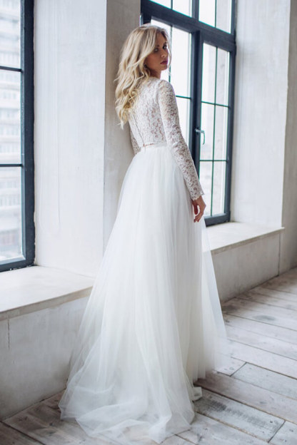 Long A-line Lace Chiffon Two Piece Wedding Dress
