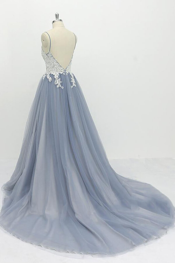 Chic Long A-line Spaghetti Strap Appliques Tulle Open Back Wedding Dress