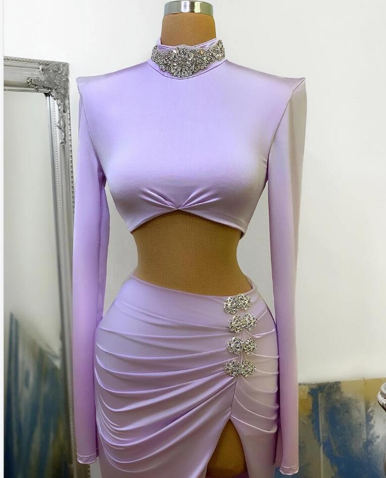 Two Piece High Neck Long Sleeve Floor-length Split Mermaid Prom Dress