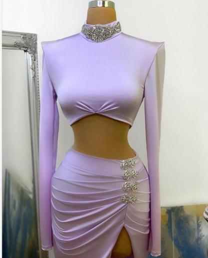 Two Piece High Neck Long Sleeve Floor-length Split Mermaid Prom Dress
