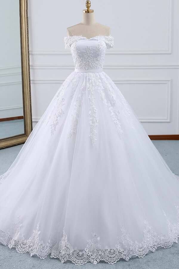 Long Ball Gown Lace-up Off Shoulder Appliques Tulle Wedding Dress