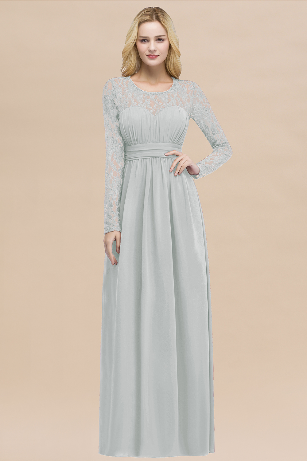 Elegant A-Line Chiffon Jewel Long Sleeves Ruffles Floor-Length Bridesmaid Dresses