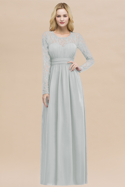 Elegant A-Line Chiffon Jewel Long Sleeves Ruffles Floor-Length Bridesmaid Dresses