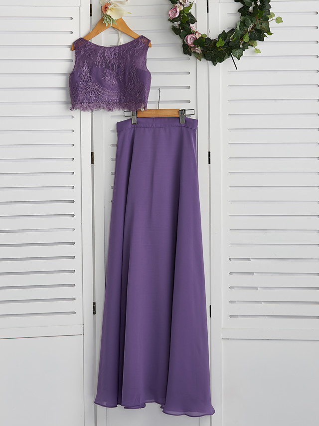 Long A-line Two Piece Chiffon Lace Junior Bridesmaid Dress
