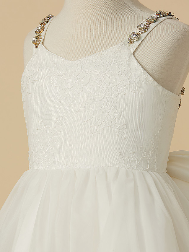 A-Line Ankle Length Wedding / First Communion Flower Girl Dresses - Lace / Tulle Sleeveless Straps With Bow(S) / Beading