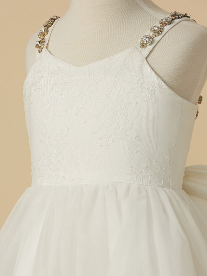 A-Line Ankle Length Wedding / First Communion Flower Girl Dresses - Lace / Tulle Sleeveless Straps With Bow(S) / Beading