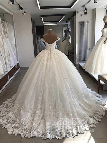 Long Off the Shoulder V-Neck Lace Ball Gown Wedding Dresses