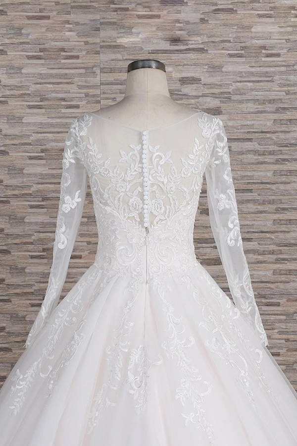 Elegant Long A-line Appliques Lace Tulle Wedding Dress with Sleeves