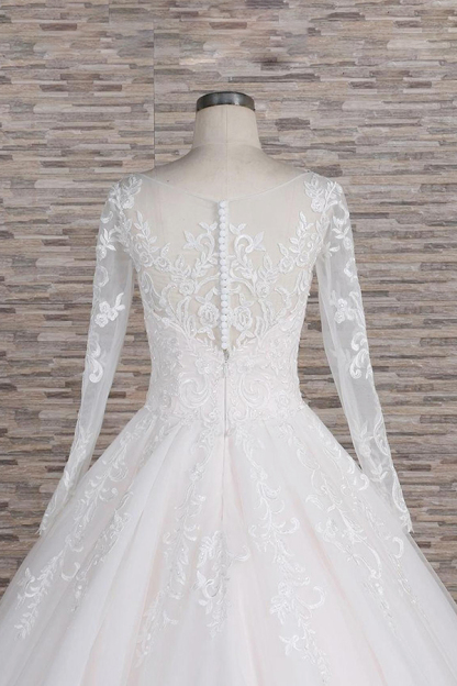 Elegant Long A-line Appliques Lace Tulle Wedding Dress with Sleeves