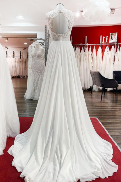 Modest Long A-line Chiffon Jewel Ruffles Appliques Open Back Wedding Dress