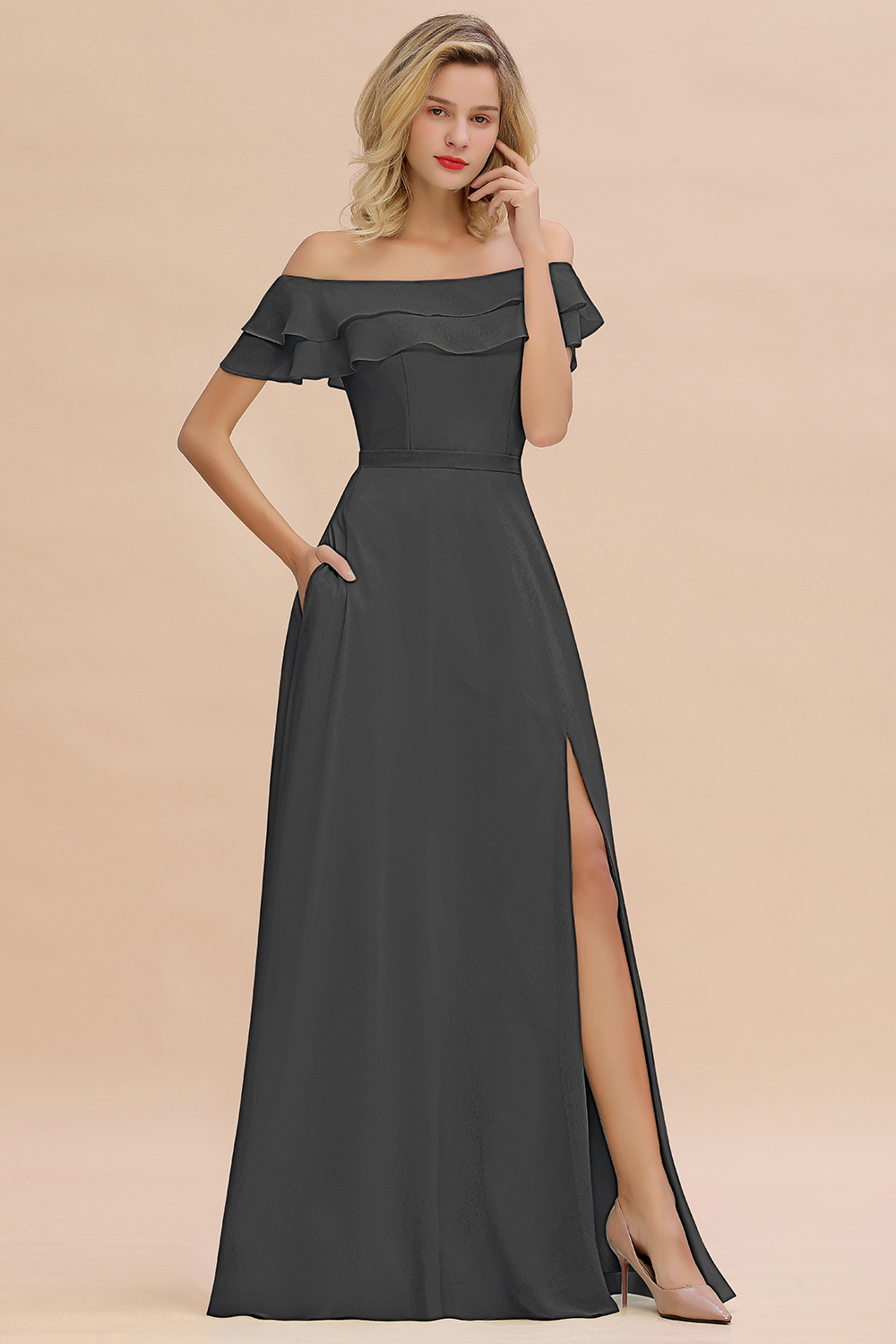 Off-the-Shoulder Front Slit Mint Green Long Bridesmaid Dress