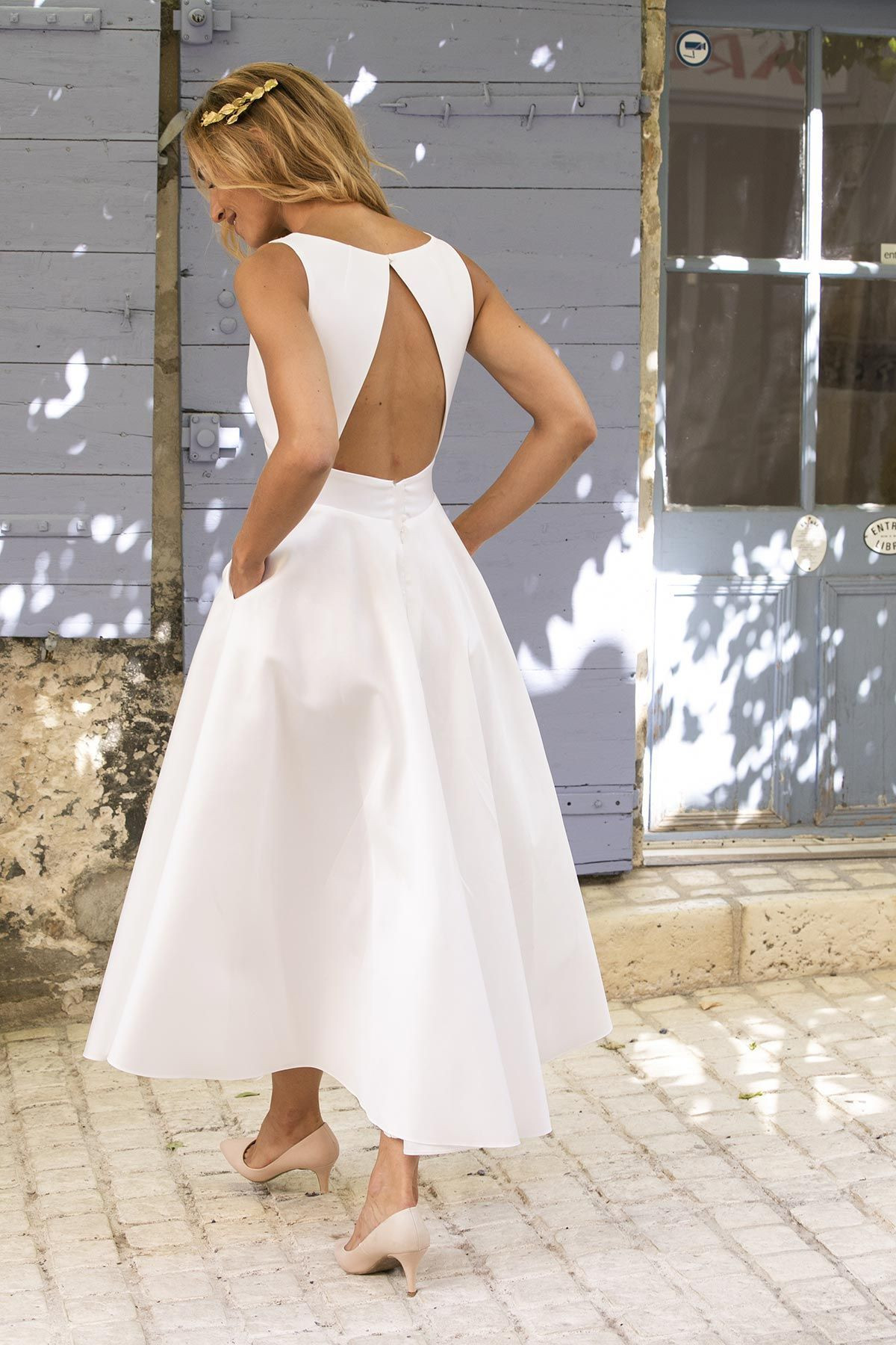 Chic Short A-line V neck Satin Backless Formal Party Dresses with Pockets