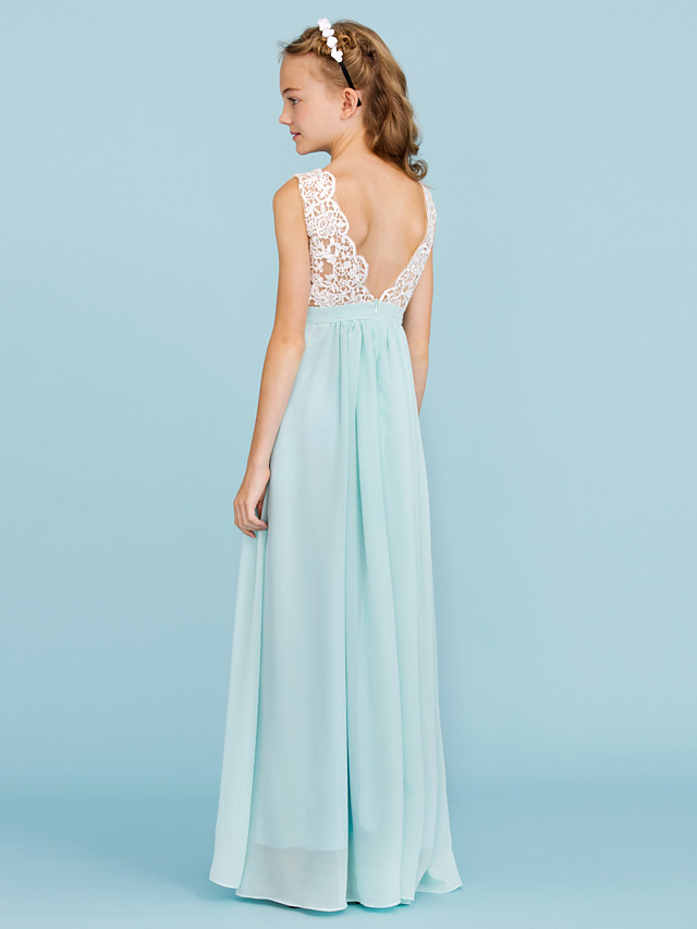 Sheath / Column V Neck Floor Length Chiffon / Lace Junior Bridesmaid Dress With Sash / Ribbon / Pleats / Color Block / Wedding Party / Open Back