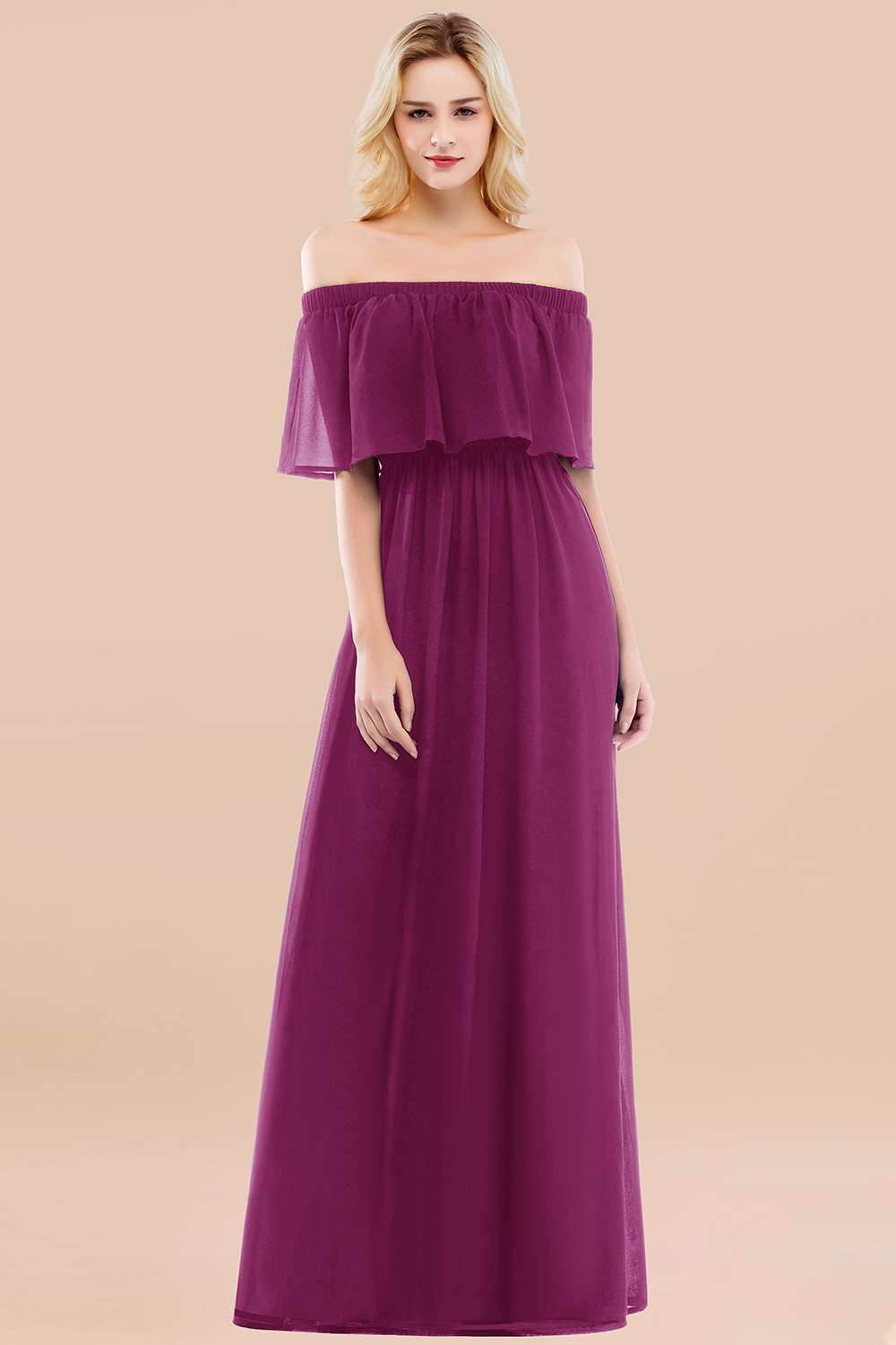 A-line Chiffon Off-the-Shoulder Short-Sleeves Ruffles Floor-length Bridesmaid Dress