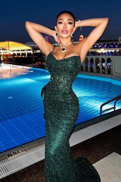 Dark Green Sparkly Long Mermaid Sweetheart Sequins Prom Dresses with Slit