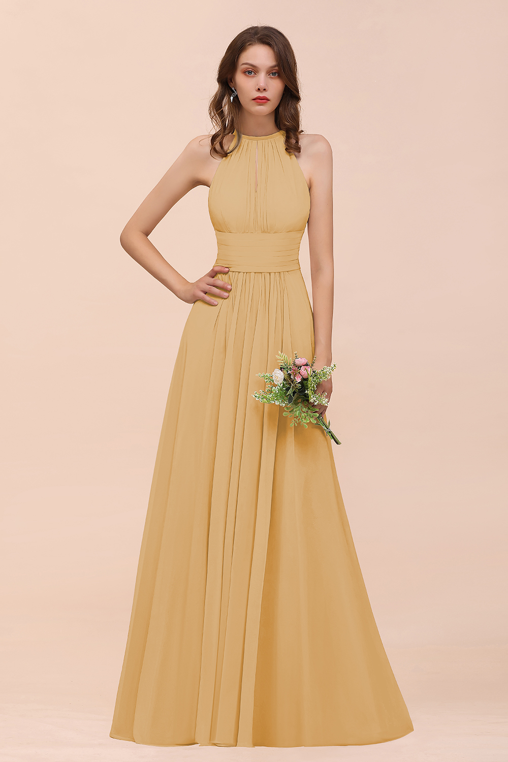 Elegant Long A-Line Jewel Ruffle Chiffon Champagne Bridesmaid Dress