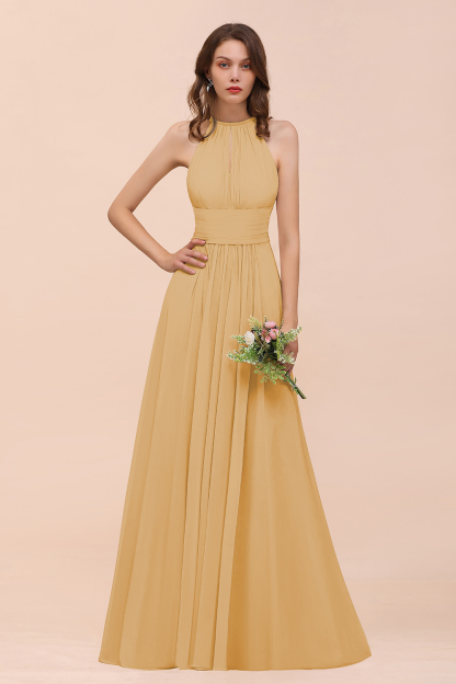 Elegant Long A-Line Jewel Ruffle Chiffon Champagne Bridesmaid Dress
