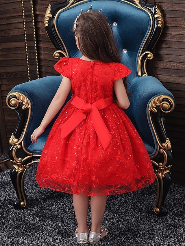 Princess / Ball Gown Knee Length Wedding / Party Flower Girl Dresses - Tulle Cap Sleeve Jewel Neck With Sash / Ribbon / Bow(S) / Embroidery