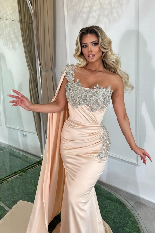 Long One Shoulder Satin Floor Length Mermaid Prom Dress with Ruffles