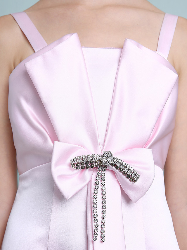 Princess / A-Line Spaghetti Strap Floor Length Stretch Satin Junior Bridesmaid Dress With Bow(S) / Beading / Empire / Spring / Summer / Fall / Winter