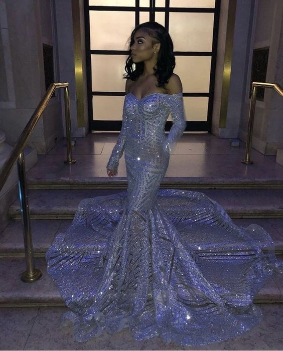 Long Sleeve Strapless Sequins Train Mermaid Prom Dresses