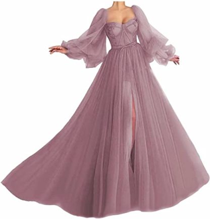 Awesome Long Sleeves A-line Sweetheart Tulle Prom Dress with Slit