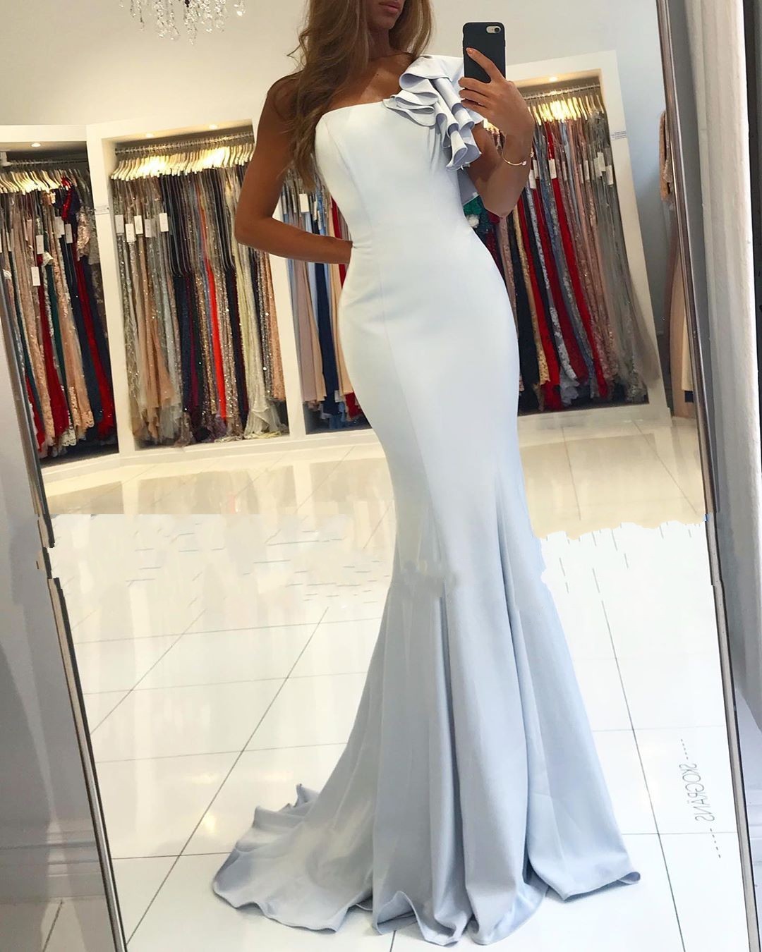 Simple One Shoulder Backless Floor-length Ruffles Satin Mermaid Prom Dress