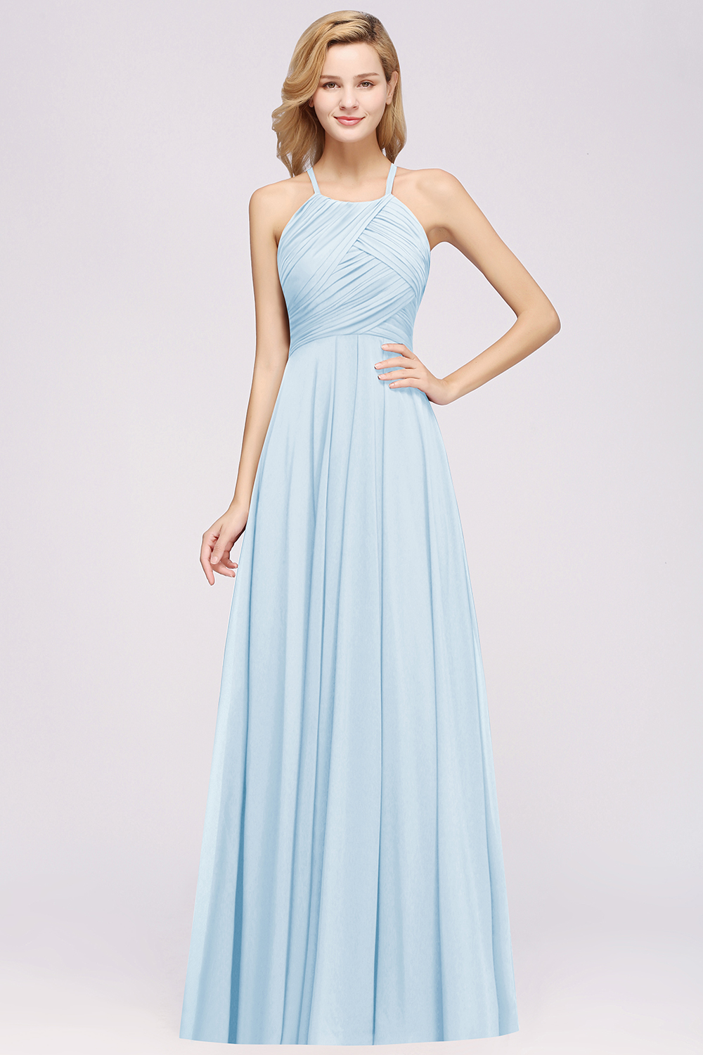 A-Line Chiffon Halter Ruffles Floor-Length Bridesmaid Dress