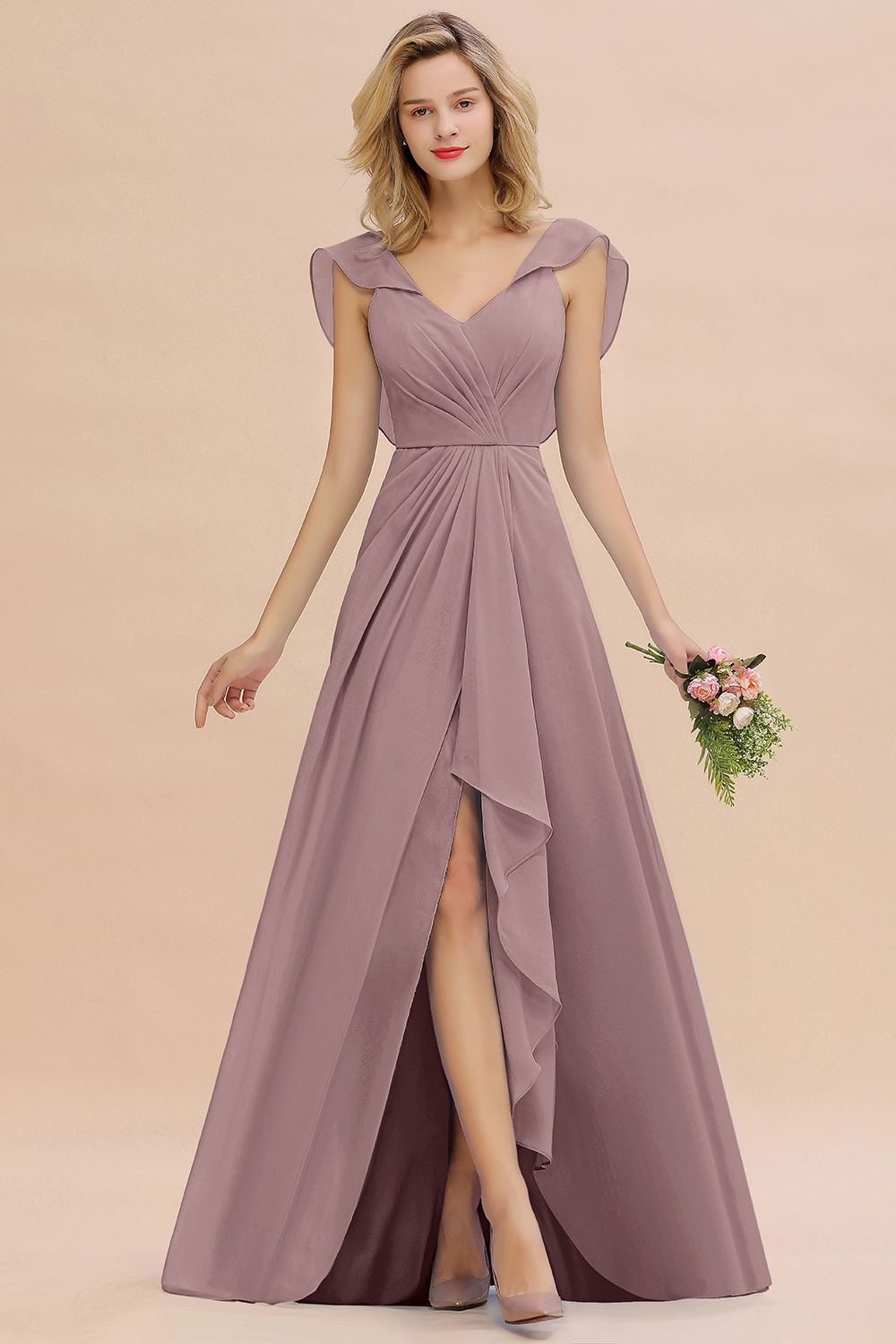 BM0777 Simple Hi-Lo V-Neck Ruffles Long Bridesmaid Dress
