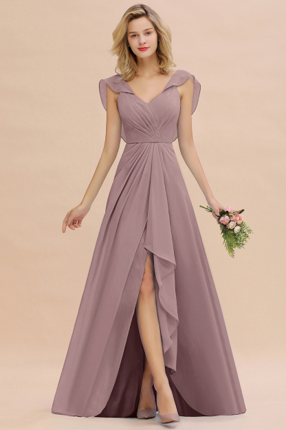 BM0777 Simple Hi-Lo V-Neck Ruffles Long Bridesmaid Dress