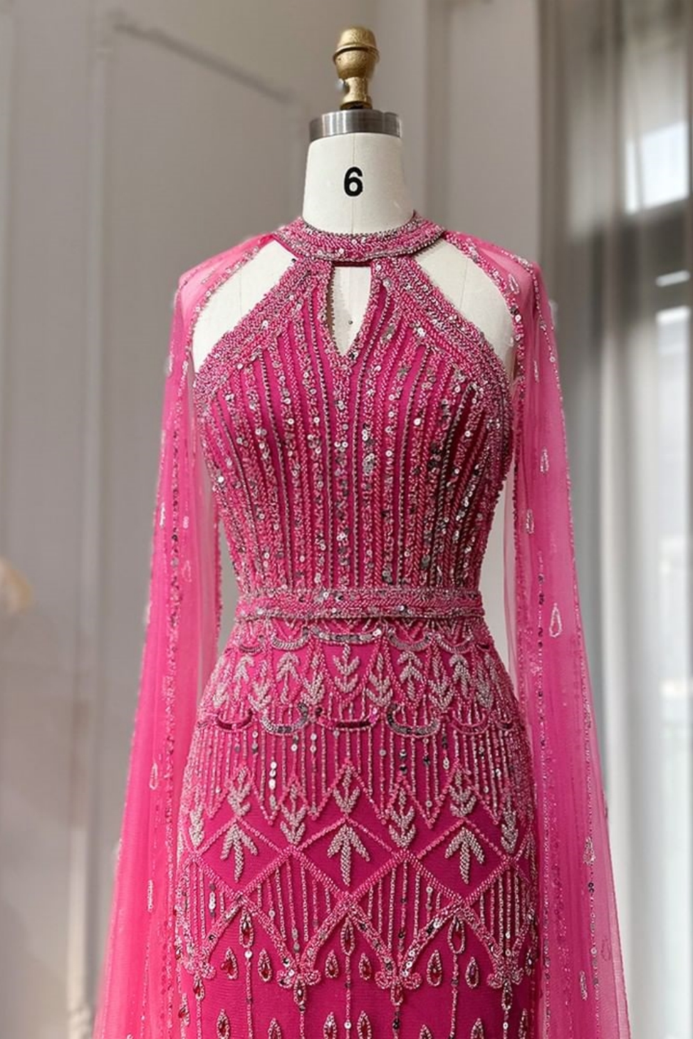 Long Mermaid Halter Beading Sequins Tulle Formal Prom Dresses with Tulle Shawl