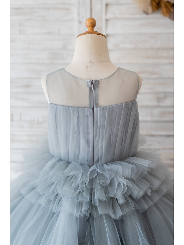 Grey Ball Gown Sleeveless Tulle Birthday Party Girl Dresses