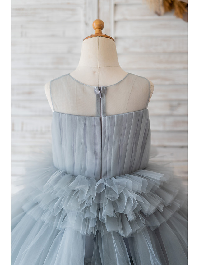 Grey Ball Gown Sleeveless Tulle Birthday Party Girl Dresses