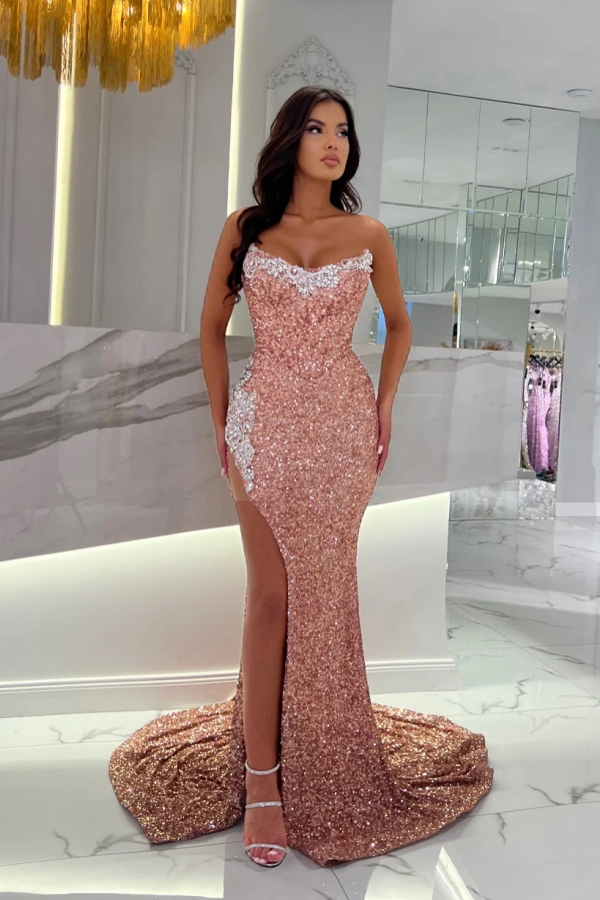 chinese dress ladies Cute Mermaid Pink Strapless Sequins Long Prom Dress with Beading   Anniebride