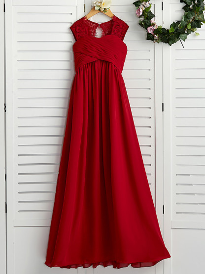A-Line Square Neck Floor Length Chiffon Junior Bridesmaid Dress With Lace / Ruching