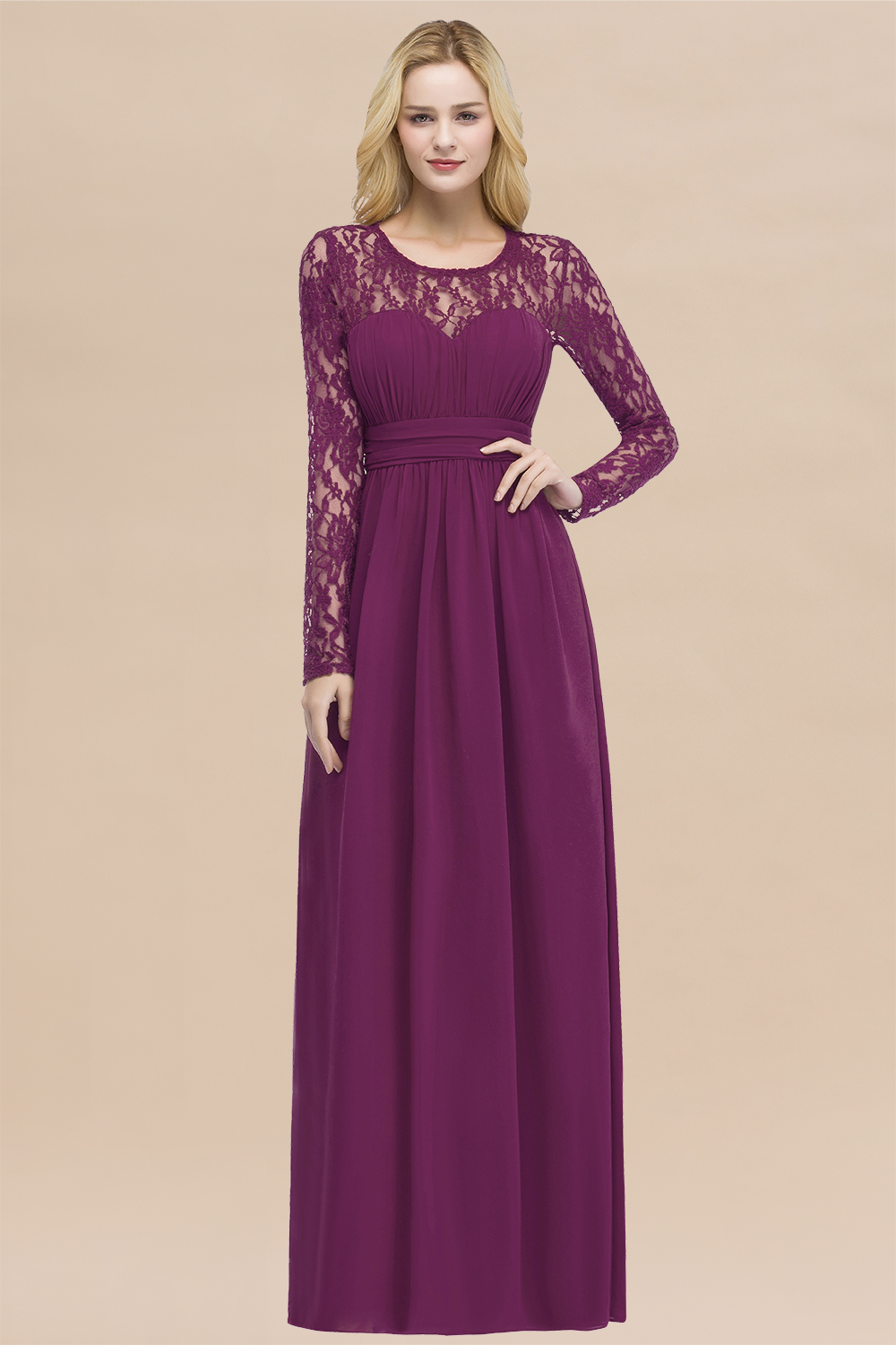 Elegant A-Line Chiffon Jewel Long Sleeves Ruffles Floor-Length Bridesmaid Dresses