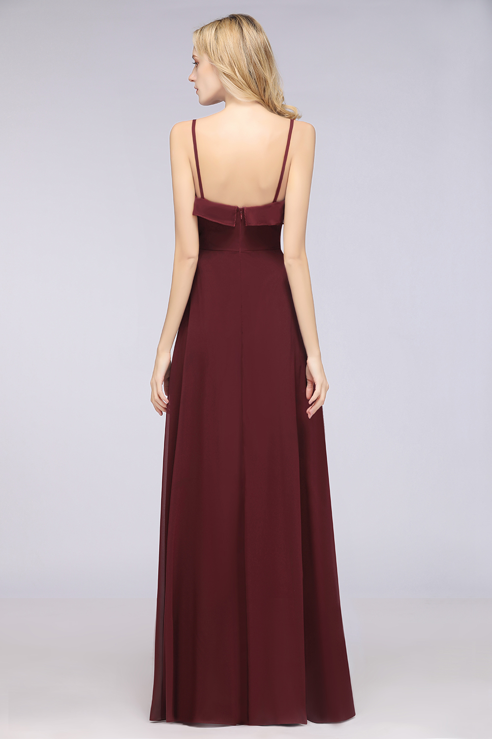 Spaghetti Straps A-Line Chiffon Backless Floor-length Prom Dress With Ruffles