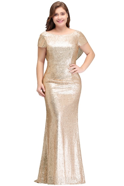 Golden Sequins Scoop Neck Mermaid Evening Dress Floor Length Bridesmaid Dress