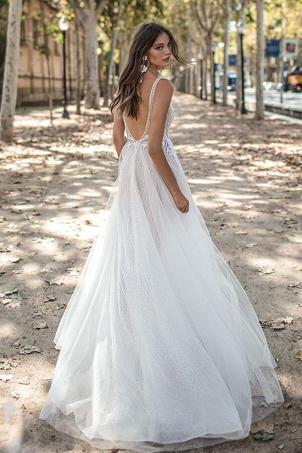 Open Back Appliques Tulle A-line Wedding Dress