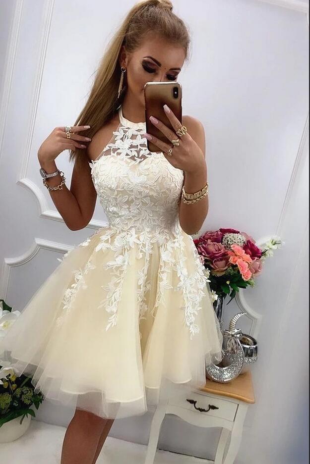 Cute Short A-line Halter Tulle Lace Prom Dresses for Teens